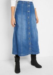 "Spódnica dżinsowa ""komfort-stretch"", dł. midi". Niebieskie spódniczki damskie bonprix, bez wzorów, midi. Za 129.99 zł.