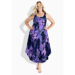 Damskie Sukienka midi wzór w lilie krój trapezowy okrągły dekolt bez rękawów. Niebieskie sukienki damskie Ulla Popken, plus size, bez wzorów, z materiału, sportowe, bez kołnierzyka, plus size, bez ramiączek, midi, sportowe. Za 279.99 zł.