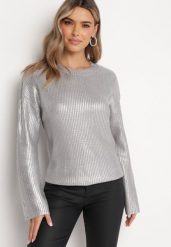Srebrny Połyskujący Sweter Zerinna. Szare swetry klasyczne damskie Born2be, m, z dzianiny, bez kołnierzyka. Za 129.99 zł.