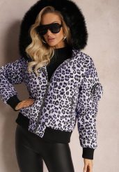 Fioletowa Pikowana Kurtka w Panterkę z Kapturem i Ozdobną Saszetką Sadeve. Fioletowe kurtki damskie Renee, l, z aplikacjami, z kapturem. Za 239.99 zł.