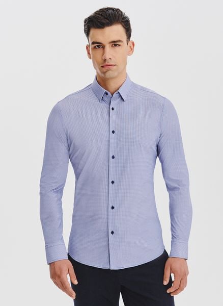 PAKO LORENTE – Granatowa dzianinowa koszula w pepitkę. Koszule męskie Pako Lorente, m, bez wzorów, z dzianiny, bez kołnierzyka, bez ramiączek. Za 149.99 zł.