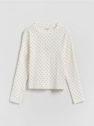 Prążkowana koszulka w kropki - złamana biel. Koszulki dziewczęce Reserved, bez wzorów, z dzianiny, bez ramiączek. Za 29.99 zł.