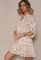 Beżowa Rozkloszowana Sukienka z Wiskozy w Etniczny Print z Wiązaniem z Frędzlami Ravpio. Brązowe sukienki damskie Renee, na spotkanie biznesowe, l, bez wzorów, z wiskozy, eleganckie, bez kołnierzyka, bez ramiączek, mini, rozkloszowane. W wyprzedaży za 83.99 zł.