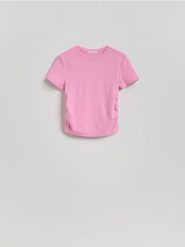 T-shirt z marszczeniem - pastelowy róż. Czerwone t-shirty damskie Reserved, l, bez wzorów, z bawełny, bez kołnierzyka. Za 45.99 zł.