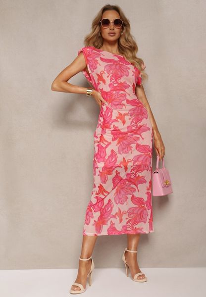 Różowa Dopasowana Sukienka z Siateczki w Kwiaty Zoneri. Czerwone sukienki damskie Renee, na co dzień, na lato, m, bez wzorów, bez kołnierzyka, bez ramiączek, midi, dopasowane. Za 129.99 zł.