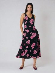 Sukienka midi w kropki z nadrukiem kwiatowym - wielobarwny. Sukienki damskie Sinsay, l, bez wzorów, bez kołnierzyka, bez ramiączek, midi. Za 49.99 zł.