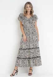 Czarna Rozkloszowana Sukienka Maxi z Ozdobnym Dekoltem i Gumką w Talii z Wiskozy Adyni. Czarne sukienki damskie Born2be, na imprezę, m, bez wzorów, z wiskozy, bez kołnierzyka, bez ramiączek, maxi, rozkloszowane. W wyprzedaży za 87.99 zł.