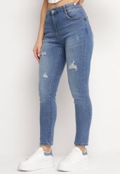 Granatowe Elastyczne Jeansy Skinny Push Up z Przedarciami Egenna. Niebieskie jeansy damskie Born2be. Za 79.99 zł.