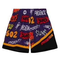Spodenki z naklejką Phoenix Suns Swingman 1996/97. Fioletowe szorty damskie Mitchell & Ness, bez wzorów, sportowe. Za 369.50 zł.
