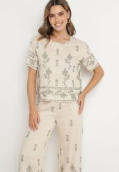Beżowy Komplet z Wiskozy Zdobiony Haftem T-shirt i Szerokie Spodnie Tezonea. Brązowe spodnie materiałowe damskie Born2be, z aplikacjami, z materiału. Za 129.99 zł.