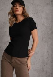 Czarny Bawełniany T-shirt o Dopasowanym Kroju z Prążkowanego Materiału Lailya. Czarne t-shirty damskie Renee, m, bez wzorów, z bawełny, bez kołnierzyka. Za 39.99 zł.
