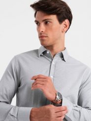 Męska koszula SLIM FIT z ozdobnej tkaniny – szara V2 OM-SHCS-0175 - XXL. Szare koszule męskie Ombre Clothing, l, z aplikacjami, z bawełny, bez kołnierzyka, bez ramiączek. W wyprzedaży za 119.99 zł.