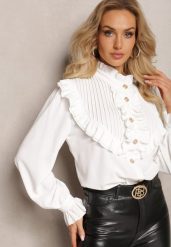 Biała Koszula z Ozdobną Falbanką i Żabotem Hansina. Białe koszule damskie Renee, m, z aplikacjami, bez kołnierzyka, bez ramiączek. Za 89.99 zł.