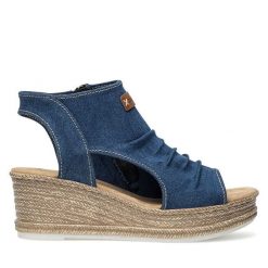 Sandały Rieker. Niebieskie sandały damskie Rieker, bez wzorów, bez obcasa, na koturnie. Za 329.99 zł.