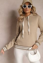 Beżowa Bluza Kangurka z Bawełny ze Ściągaczami w Paski i Kapturem Gaiana. Brązowe bluzy z kapturem damskie Renee, z bawełny. Za 99.99 zł.