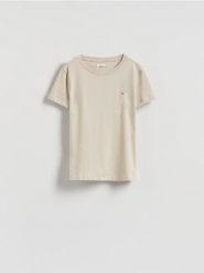 T-shirt z drobnym haftem - beżowy. Brązowe t-shirty damskie Reserved, l, bez wzorów, z bawełny, bez kołnierzyka. Za 49.99 zł.