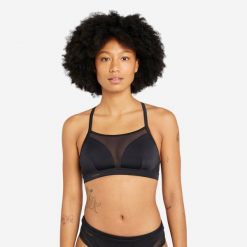 Góra kostiumu kąpielowego surfingowego damska Olaian Elise. Czarne bikini damskie Decathlon, w ażurowe wzory. Za 59.99 zł.