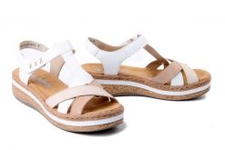 RIEKER V0919-80 white combination, sandały damskie. Białe sandały damskie Rieker, bez wzorów, bez obcasa. Za 278.72 zł.