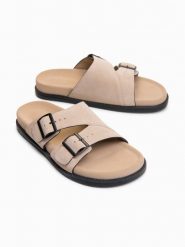 Męskie klapki z naturalnego zamszu z regulacją na klamry - beżowe V2. Brązowe klapki i japonki męskie Ombre Clothing, z gumy. W wyprzedaży za 189.99 zł.