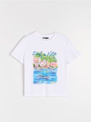 Bawełniana koszulka z wakacyjnym nadrukiem - biały. Białe t-shirty damskie Sinsay, l, bez wzorów, z bawełny, bez kołnierzyka. Za 29.99 zł.