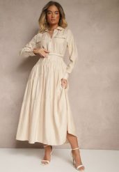 Beżowa Rozkloszowana Sukienka z Wiskozy z Guzikami i Paskiem Ronesa. Brązowe sukienki damskie Renee, na co dzień, l, bez wzorów, z wiskozy, eleganckie, bez kołnierzyka, bez ramiączek, maxi, proste. W wyprzedaży za 111.99 zł.