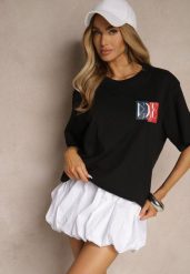 Czarna Koszulka z Bawełny z Ozdobnym Nadrukiem Olinesse. Czarne bluzki damskie Renee, l, bez wzorów, z bawełny, klasyczne, bez kołnierzyka, bez ramiączek. Za 29.99 zł.