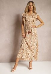 Beżowa Rozkloszowana Sukienka z Guzikami i Gumką w Talii Mottella. Brązowe sukienki damskie Renee, na co dzień, l, bez wzorów, eleganckie, bez kołnierzyka, bez ramiączek, maxi, dopasowane. W wyprzedaży za 76.99 zł.
