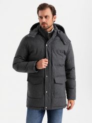 Długa ciepła kurtka męska typu parka z wełną – czarny melanż V2 OM-JALJ-0217 - XXL. Czarne kurtki męskie Ombre Clothing, l, z aplikacjami, z materiału. W wyprzedaży za 199.99 zł.