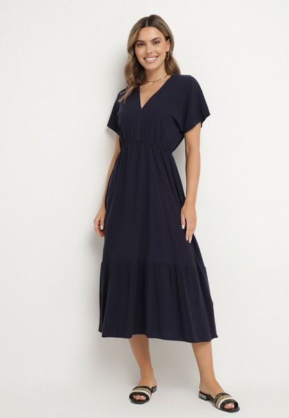 Granatowa Sukienka z Lnem i Wiskozą Ozdobiona Wiązaniem Elliova. Niebieskie sukienki damskie Born2be, na co dzień, na lato, l, bez wzorów, z wiskozy, bez kołnierzyka, bez ramiączek, rozkloszowane. Za 119.99 zł.