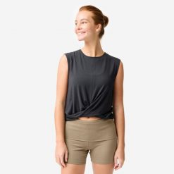 Koszulka do jogi i pilatesu damska Domyos bez rękawów. Szare bluzki sportowe damskie Decathlon, m, z elastanu, bez kołnierzyka, bez ramiączek. Za 69.99 zł.