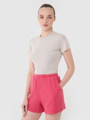 4F Spodenki casual z dzianiny waflowej damskie - różowe M. Czerwone szorty damskie 4f, bez wzorów, z bawełny, casualowe. W wyprzedaży za 49.99 zł.