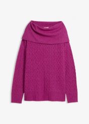 Sweter we wzór w warkocze. Fioletowe swetry klasyczne damskie bonprix, xxl, bez kołnierzyka. Za 114.99 zł.