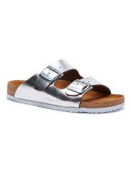 Comfortfusse Skórzane klapki w kolorze srebrnym rozmiar: 41. Szare klapki damskie Comfortfusse, bez wzorów, bez obcasa. Za 241.56 zł.