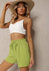 Jasnozielone Casualowe Szorty Bermudy High Waist Wykończone Gumką w Pasie Otanea. Zielone szorty damskie Renee, bez wzorów, eleganckie, z podwyższonym stanem. Za 39.99 zł.