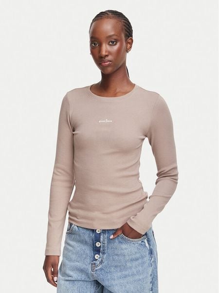 Guess Jeans Bluzka W6YP14 K3821 Beżowy Slim Fit. Brązowe bluzki damskie Guess Jeans, xl, z aplikacjami, z bawełny, bez kołnierzyka, bez ramiączek. Za 169.99 zł.