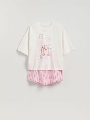 Dwuczęściowa piżama z kotem - różowy. Czerwone piżamy damskie Reserved, l, bez wzorów, z bawełny, bez ramiączek. Za 99.99 zł.