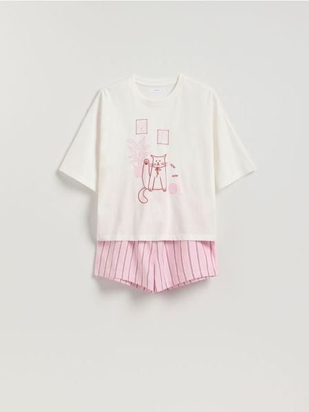 Dwuczęściowa piżama z kotem - różowy. Czerwone piżamy damskie Reserved, l, bez wzorów, z bawełny, bez ramiączek. Za 99.99 zł.