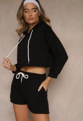 Czarny Komplet Dresowy z Bawełną Szorty i Krótka Bluza z Kapturem Ralarose. Czarne bluzy z kapturem damskie Renee, bez wzorów, z bawełny, eleganckie. Za 59.99 zł.