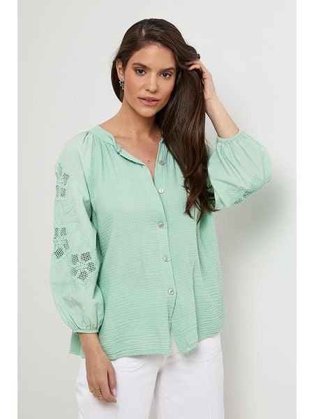 Rodier Lin Lniana bluzka w kolorze jasnozielonym rozmiar: M/L. Zielone bluzki damskie Rodier Lin, l, bez wzorów, z koronki, bez kołnierzyka, bez ramiączek. Za 135.17 zł.