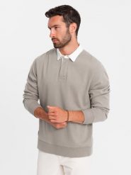 Bluza męska z białym kołnierzykiem polo - ciemnobeżowa V2 - Rozmiar: M. Brązowe bluzy bez kaptura męskie Ombre Clothing, m, z bawełny. W wyprzedaży za 59.99 zł.