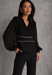 Czarna Bluzka VICES w Kopertowym Stylu z Luźnymi Transparentnymi Rękawami i Dekoltem V Inge. Czarne bluzki damskie Renee, l, bez wzorów, z jeansu, eleganckie, bez kołnierzyka, bez ramiączek. Za 159.99 zł.