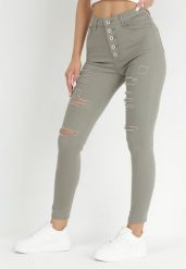 Ciemnobeżowe Jeansy Skinny na Guziki Arru. Zielone jeansy damskie Born2be, z podwyższonym stanem. Za 79.99 zł.