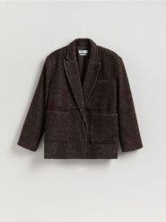 Marynarka z wełną - ciemnobrązowy. Brązowe marynarki i żakiety damskie Reserved, l, bez wzorów, z tkaniny. Za 359.99 zł.