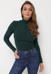 Ciemnozielony Sweter Golf o Dopasowanym Kroju Ryler. Zielone golfy damskie Born2be, m, z aplikacjami, z jeansu, bez ramiączek. Za 89.99 zł.