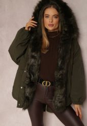 Ciemnozielona Kurtka Parka Oversize z Futerkiem Horelle. Zielone kurtki damskie Renee, na zimę, l, z aplikacjami, z tkaniny. Za 309.99 zł.