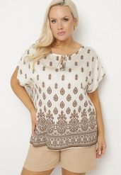 Biało-Brązowa Bluzka w Boho Wzór z Wiązaniem przy Dekolcie Jenalia. Brązowe bluzki damskie Born2be, xl, bez wzorów, z jeansu, boho, bez kołnierzyka, bez ramiączek. Za 39.99 zł.