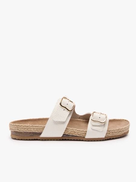 Kremowe klapki z dwoma paskami. Brązowe klapki damskie Ryłko, bez wzorów, ze skóry, bez obcasa, na płaskiej podeszwie. Za 379.99 zł.