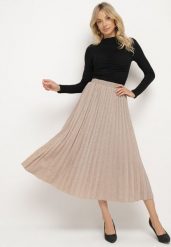 Beżowa Plisowana Spódnica z Gumką w Pasie z Połyskującego Materiału Edaniwen. Brązowe spódniczki damskie Born2be, l, bez wzorów, eleganckie, midi, plisowane. Za 129.99 zł.