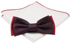Czerwono-Granatowa Mucha z Białą Poszetką -CHATTIER- Męska, w Kropki, Groszki. Czerwone krawaty i muchy męskie Chattier, bez wzorów, eleganckie. Za 59.00 zł.