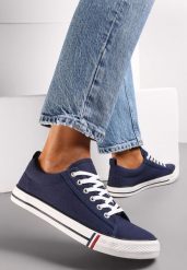 Granatowe Trampki przed Kostkę Sznurowane Islatia. Niebieskie trampki i tenisówki damskie Renee, z aplikacjami, z jeansu, przed kostkę. Za 49.99 zł.